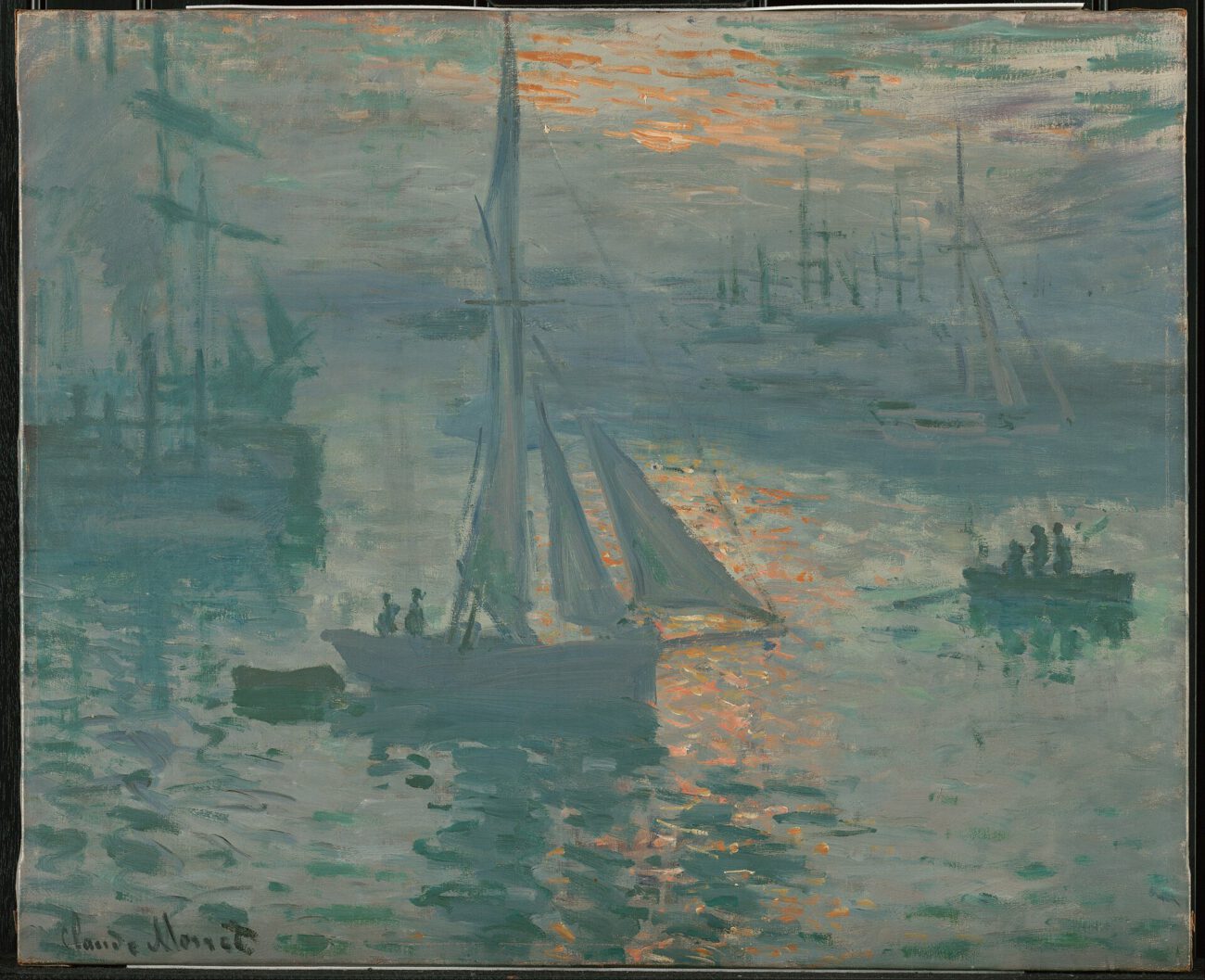 Sailing boats and harbour silhouettes emerge through soft morning light reflected across the water.
