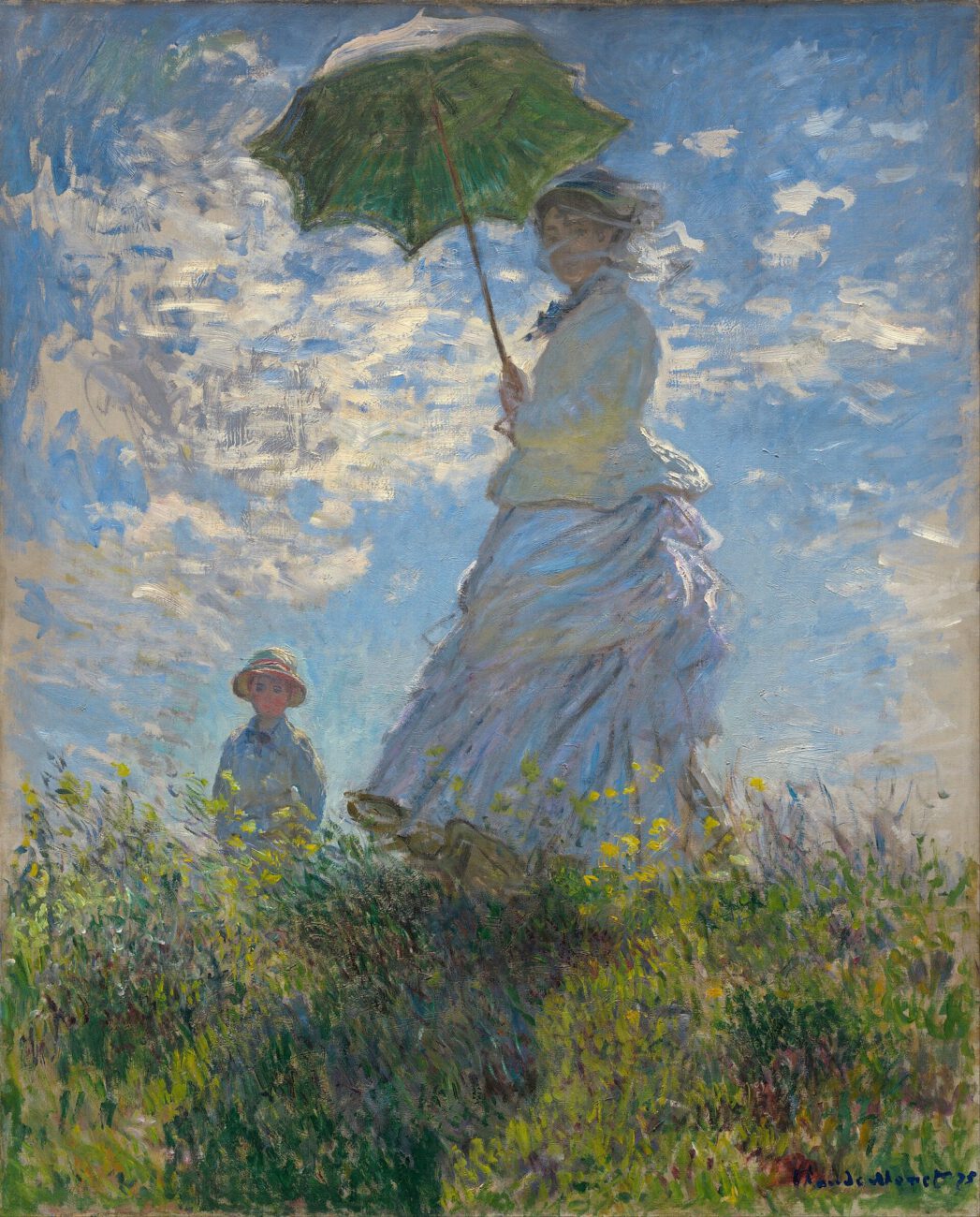 A woman holding a green parasol and a young boy stand beneath a bright, cloud-filled sky.