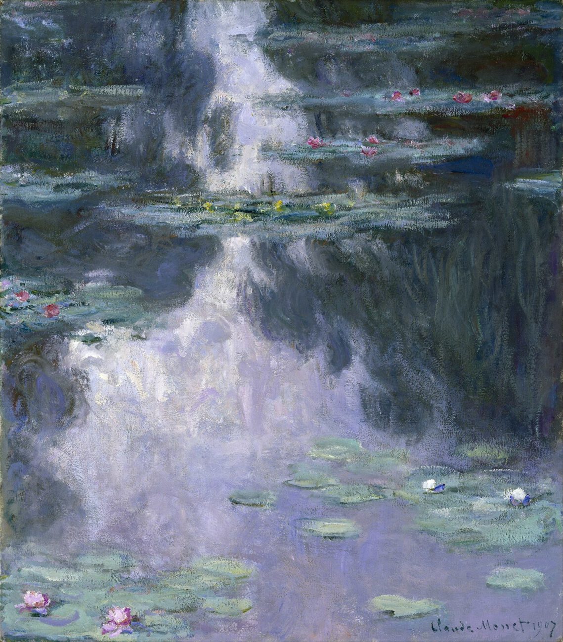 Water lilies float across dark water, interrupted by luminous reflections of sky and foliage.