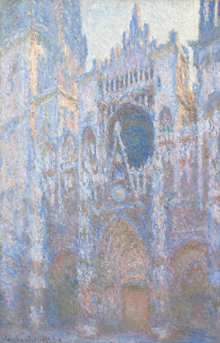The cathedral façade is built from broken touches of blue, lavender and warm stone colour.