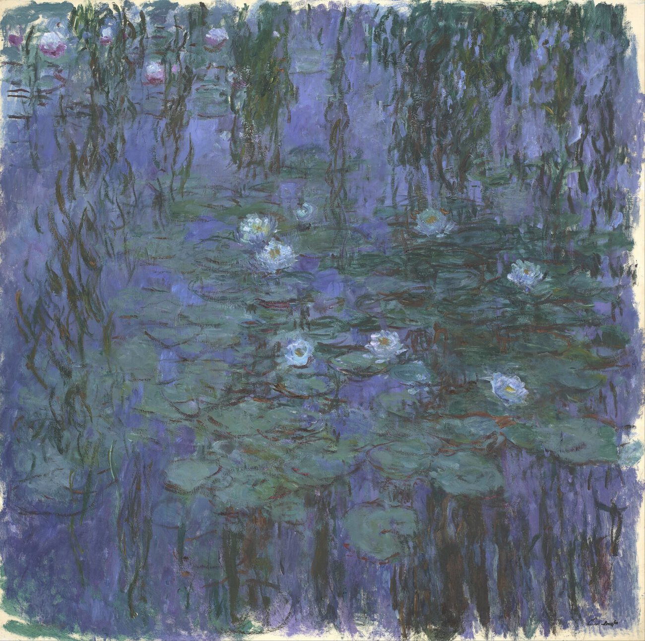 Blue and violet reflections surround floating lily pads beneath trailing foliage.