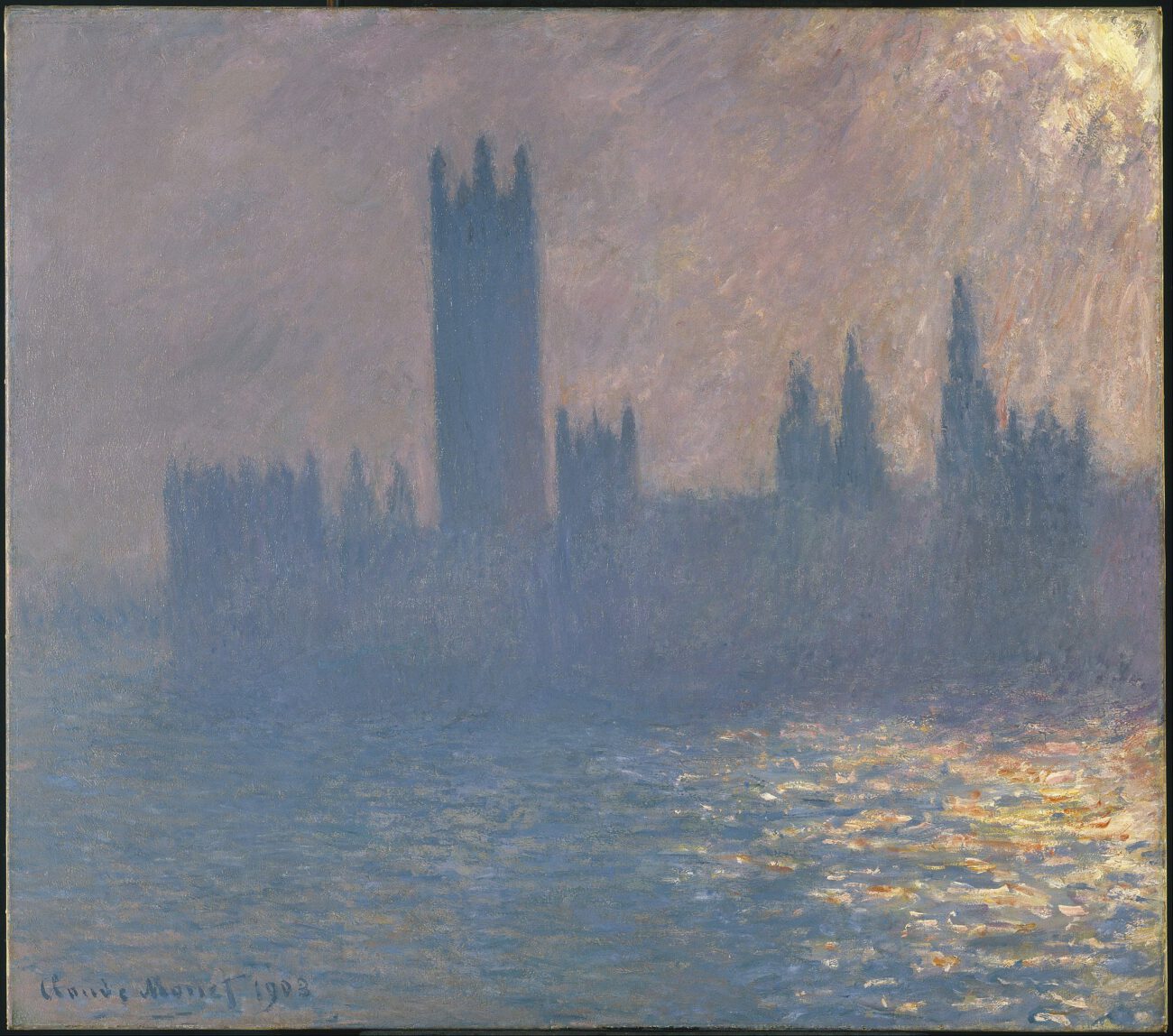 The Houses of Parliament rise through violet haze above the shimmering surface of the Thames.