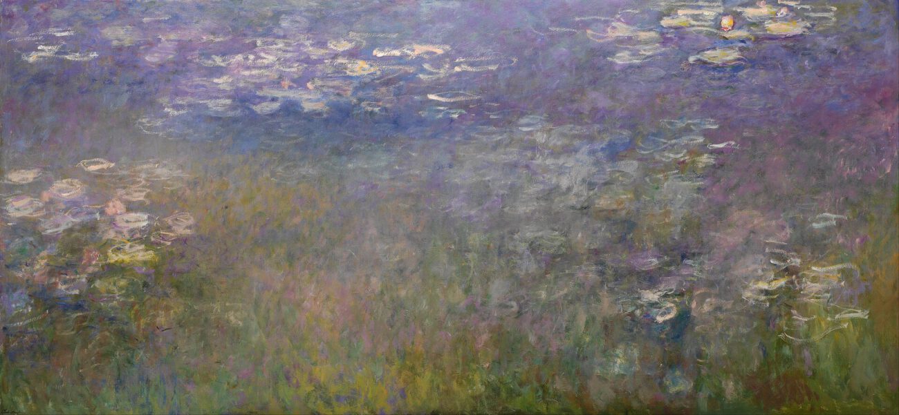 Soft pink and violet touches of water lilies drift across a broad field of green and blue reflections.