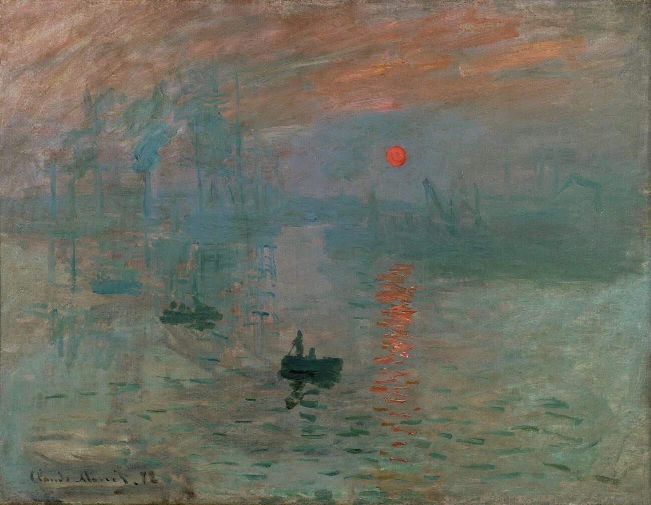 An orange sun and its reflection glow through harbour mist, with dark rowing boats crossing the foreground.